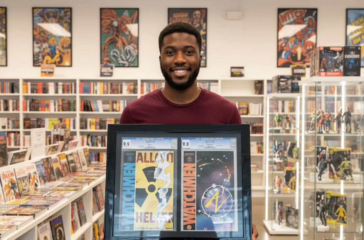 Comic collector in bookstore holding glossy black shadowbox frame displaying CGC graded Watchmen comics with professional certification showcasing collectible picture frame for valuable comic book protection and comic shop display with modern black shadow box framing