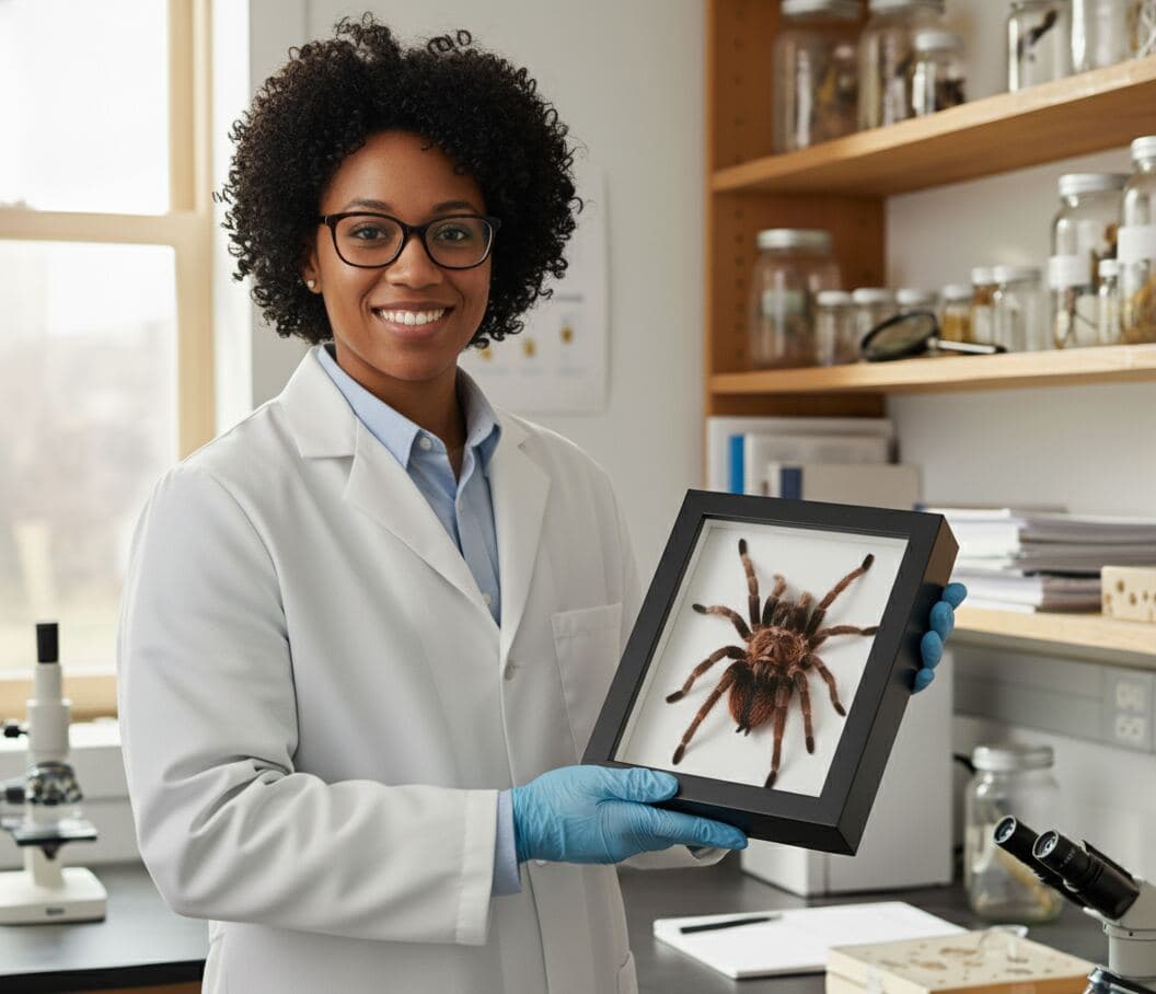 Scientist in laboratory holding glossy black shadowbox frame preserving tarantula specimen for scientific collection demonstrating entomology display frame for arachnid specimens natural science preservation and museum-quality shadow box for educational collections