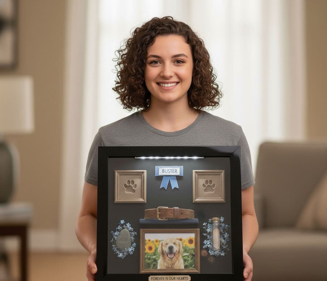 Woman holding glossy black pet memorial shadowbox frame featuring Buster nameplate dog photo paw print plaques collar tags and flowers demonstrating custom pet shadow box for dog memorial cat tribute and beloved pet keepsake framing with personalized dimensions
