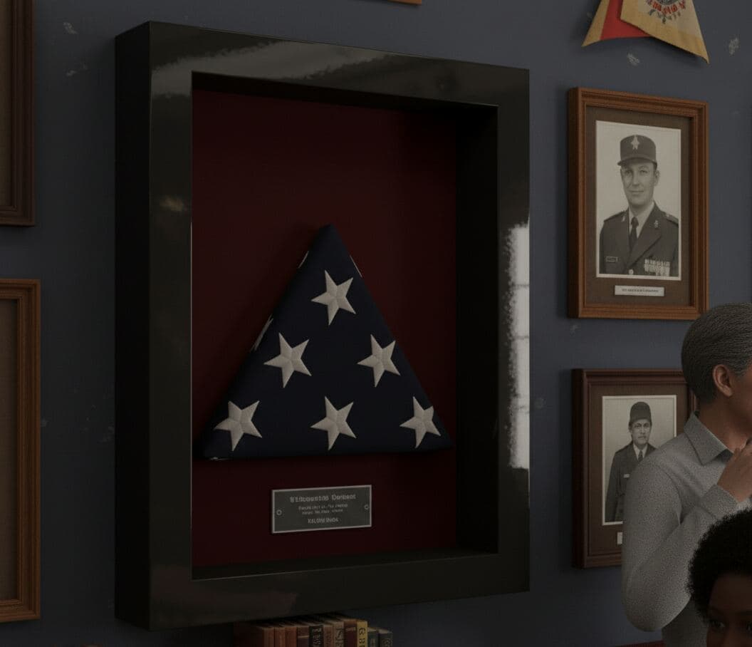 Glossy black military flag case shadowbox frame mounted on wall displaying folded American flag with engraved plaque honoring veteran service demonstrating flag display case shadow box for patriotic tribute military honor and memorial framing in home setting