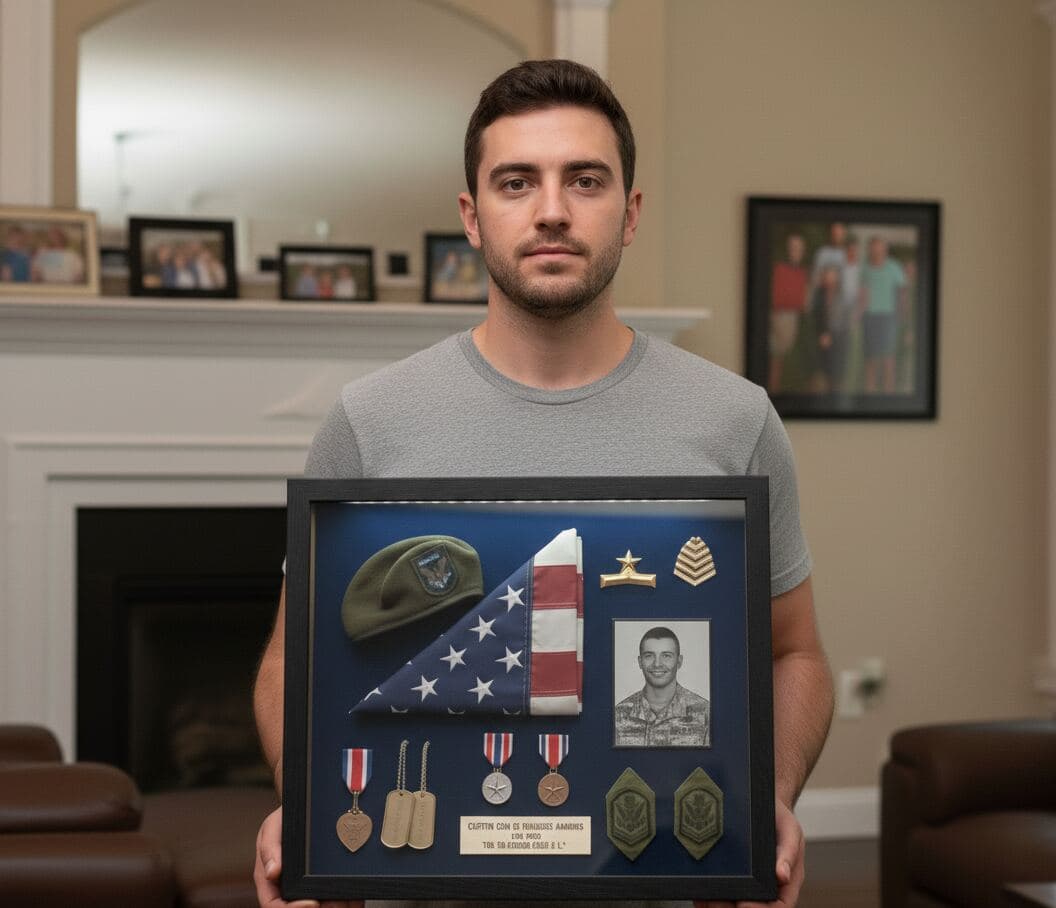 Man holding glossy black military shadowbox frame preserving modern service memorabilia with folded flag beret photo medals dog tags patches and engraved plaque demonstrating professional military shadow box for contemporary veteran tribute and armed forces honor display
