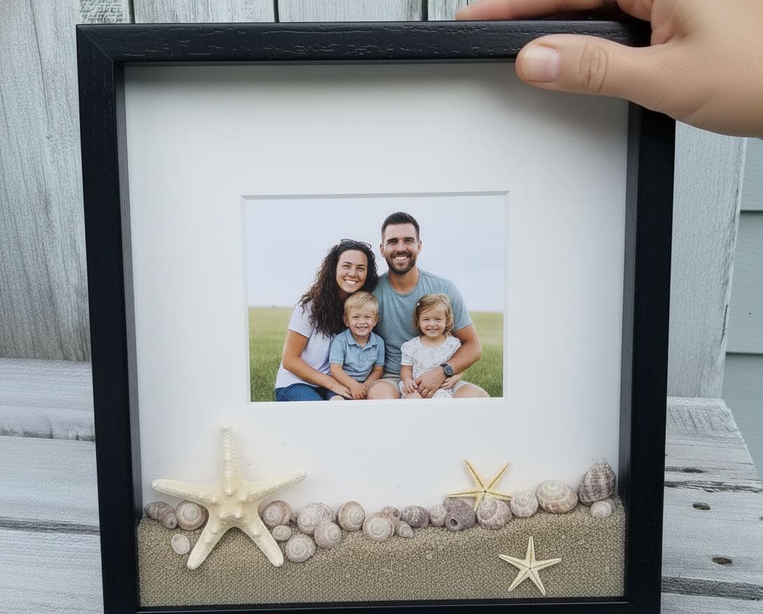 Glossy black shadowbox frame with white mat displaying beach family vacation photo with starfish seashells and natural sand creating coastal memory display demonstrating custom picture frame for travel keepsakes beach treasures and family memory preservation shadowbox