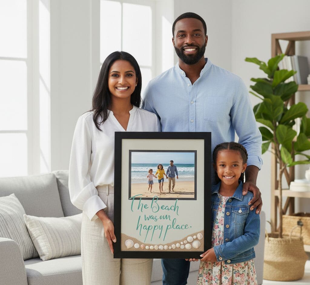 Family with young daughter holding glossy black shadowbox frame displaying beach vacation photo with The Beach was our happy place quote and natural seashells in bright modern living room demonstrating custom shadow box picture frame for coastal keepsakes family travel memories and personalized beach decor