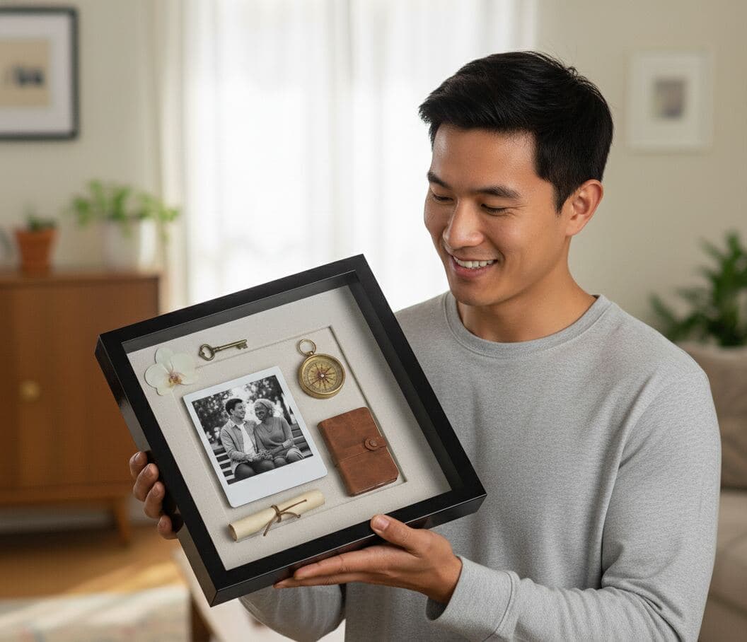 Man in modern home holding glossy black shadowbox frame preserving family heritage display with vintage black and white photo antique compass skeleton key leather wallet and rolled scroll demonstrating custom picture frame for genealogy keepsakes family history display and heirloom memory preservation shadowbox
