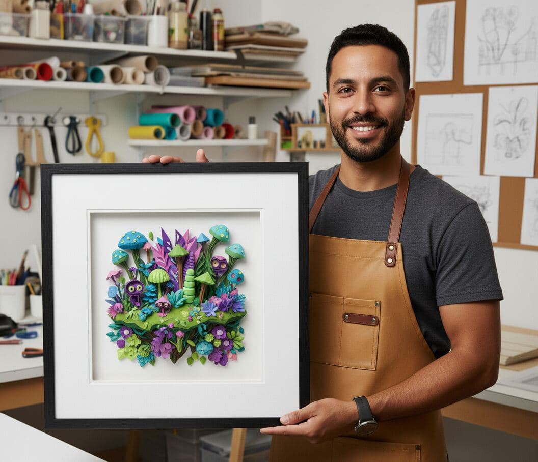 Artist in creative studio wearing work apron holding glossy black shadowbox frame with white mat showcasing dimensional mushroom fantasy garden paper sculpture with purple green characters demonstrating deep picture frame for whimsical paper art 3D craft display and contemporary shadow box framing