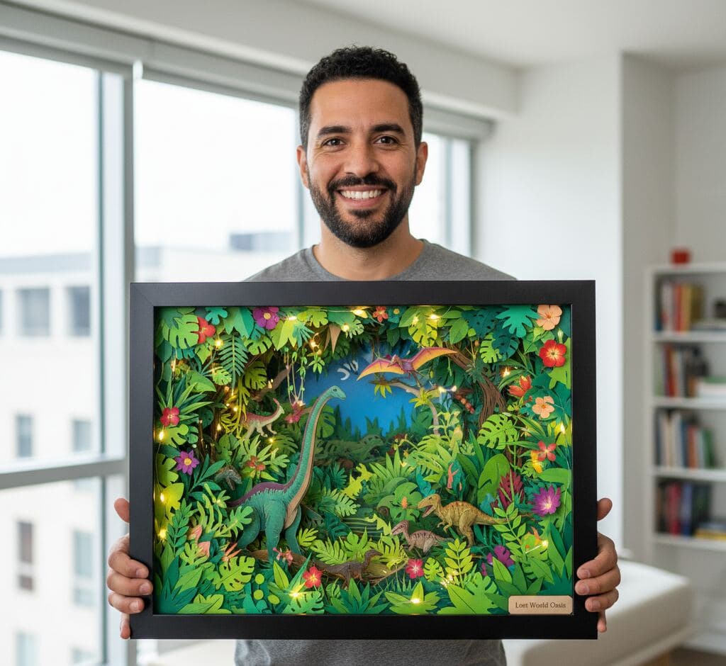 Man in modern apartment holding glossy black deep shadowbox frame displaying Lost World Oasis dimensional dinosaur jungle paper art with layered prehistoric scene tropical foliage and T-Rex demonstrating custom shadow box for paper sculpture diorama craft and dimensional artwork picture frame