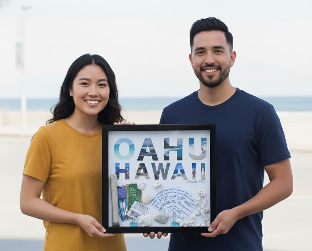 Couple at beach holding glossy black shadowbox frame preserving Oahu Hawaii travel memories with destination photo tickets sand shells and keepsakes demonstrating vacation shadow box for tropical souvenir display and travel memorabilia preservation in custom picture frame