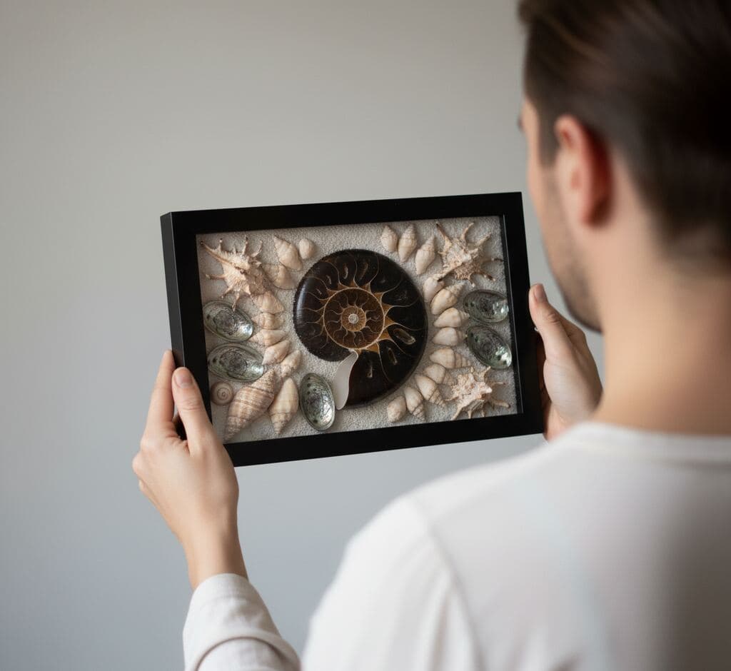 Person holding glossy black shadowbox frame displaying paleontology collection with large ammonite fossil surrounded by seashells and marine specimens on natural sand background demonstrating museum-quality shadow box for fossil display natural history collectibles and geological specimen picture frame