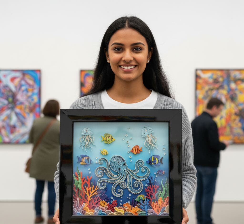 Artist in contemporary gallery holding glossy black shadowbox frame showcasing dimensional ocean underwater scene paper quilling art with jellyfish tropical fish octopus and coral reef demonstrating deep picture frame for paper sculpture marine life art and 3D shadow box for dimensional artwork display