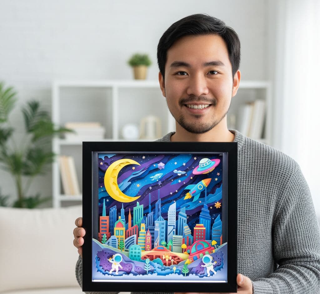 Man in modern home holding glossy black deep shadowbox frame displaying dimensional cityscape space scene paper cut art with colorful astronauts crescent moon rockets UFO stars and layered buildings demonstrating custom shadow box picture frame for paper sculpture sci-fi art and contemporary dimensional craft display
