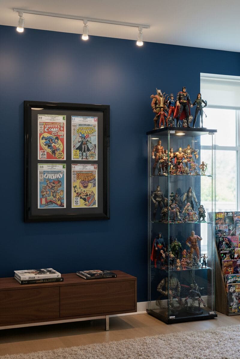 Comic book collector's room featuring CGC graded comic books displayed in multiple glossy black shadowbox frames mounted on wall alongside action figure collectibles, demonstrating professional grading slab display picture frames for certified comic preservation and geek culture memorabilia showcasing