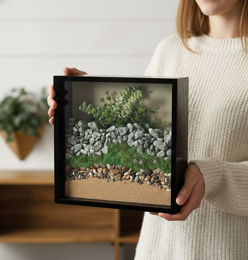 Woman holding glossy black shadowbox frame containing miniature zen garden with natural stones, sand patterns, and dried botanicals preserved under glass, demonstrating meditation garden display picture frames for mindfulness decor and Japanese-inspired spiritual collectibles