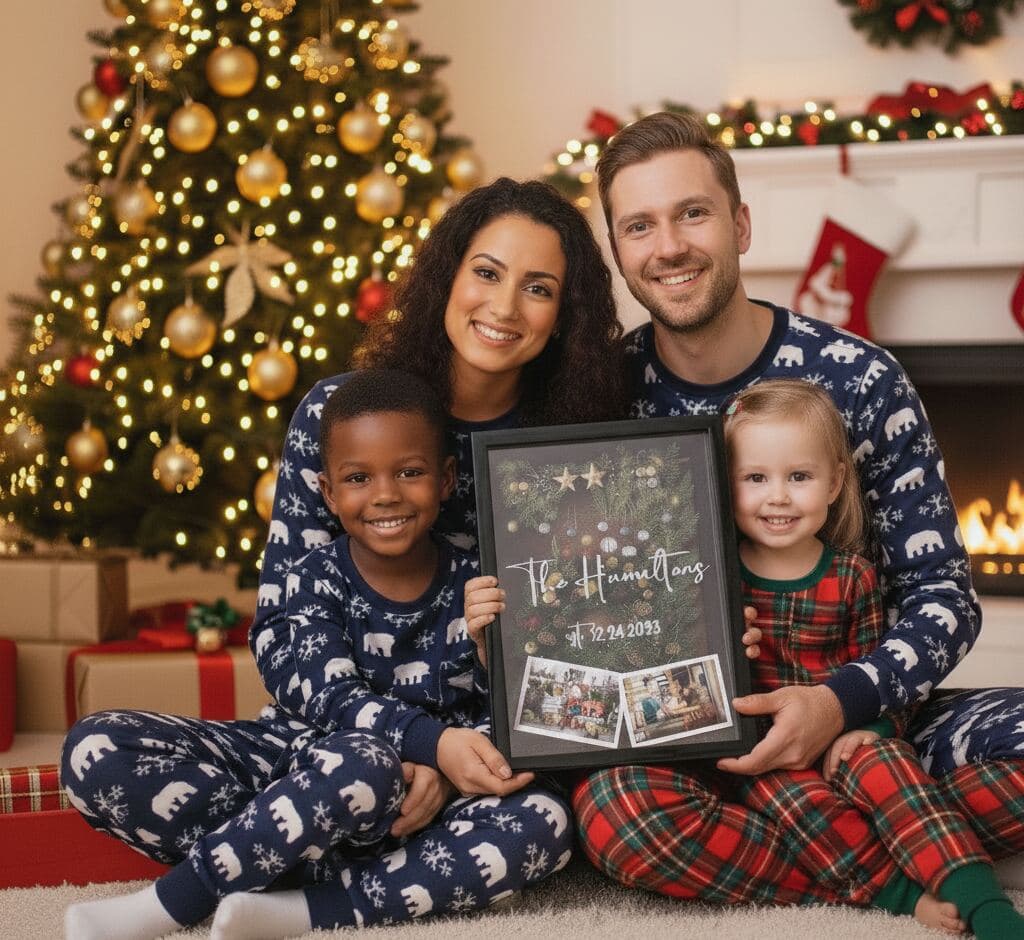 Multi-generational family at Christmas holding personalized glossy black shadowbox frame with family surname and cherished photos mounted on festive mat board, demonstrating custom family heritage picture frames for holiday keepsake displays and personalized name art framing