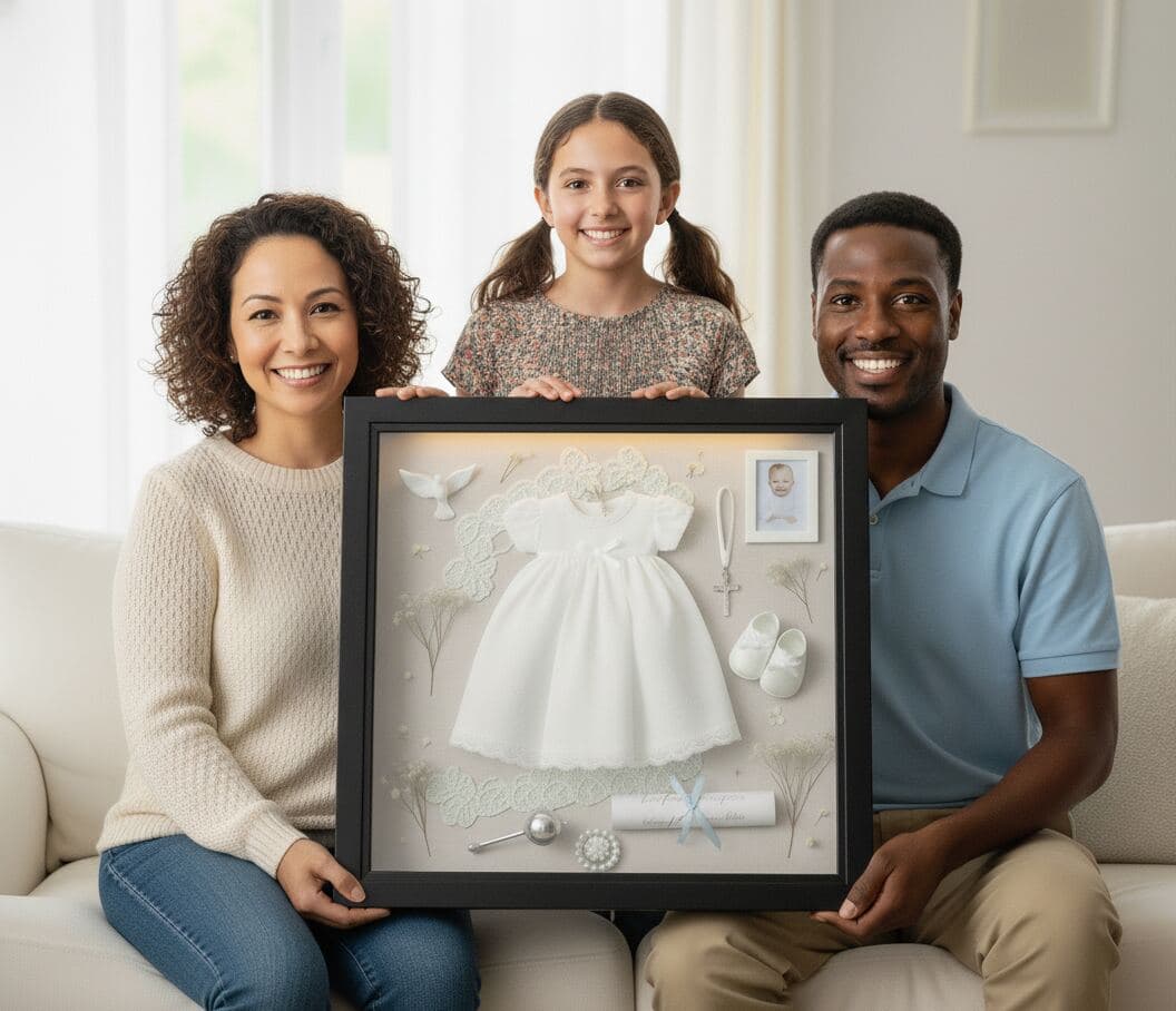 Three generations holding glossy black shadowbox frame displaying preserved christening gown with baptism photos and religious mementos on cream mat board, demonstrating heirloom textile picture frames for first holy communion garments and family blessing preservation framing