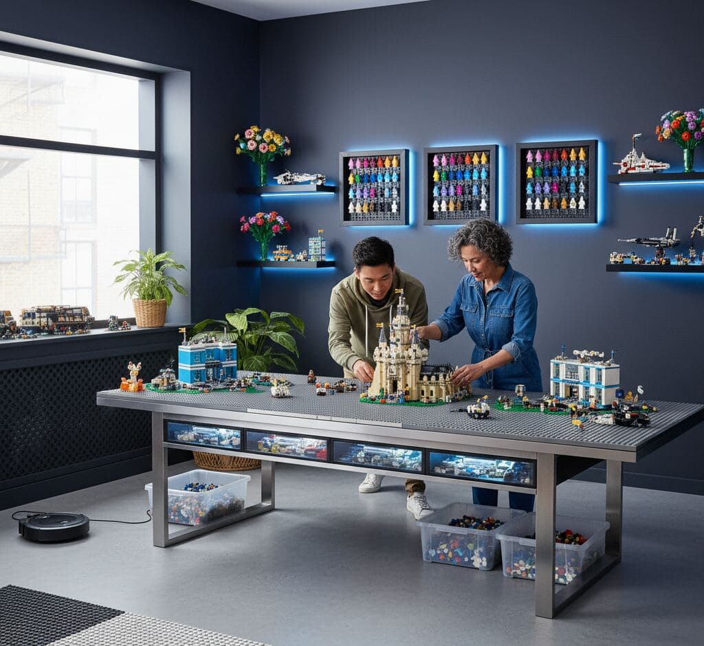 Collector's playroom featuring rare LEGO minifigures organized in grid of glossy black shadowbox frames on white wall, demonstrating toy collection display picture frames for building brick character preservation and organized collectible figure showcasing systems