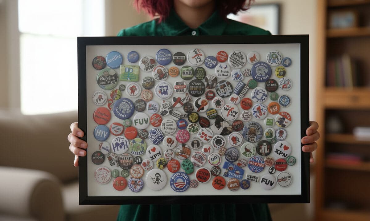 Vintage political campaign buttons and pins from multiple presidential elections arranged in glossy black shadowbox frame with archival backing, demonstrating election memorabilia picture frames for historical button collections and political ephemera preservation framing