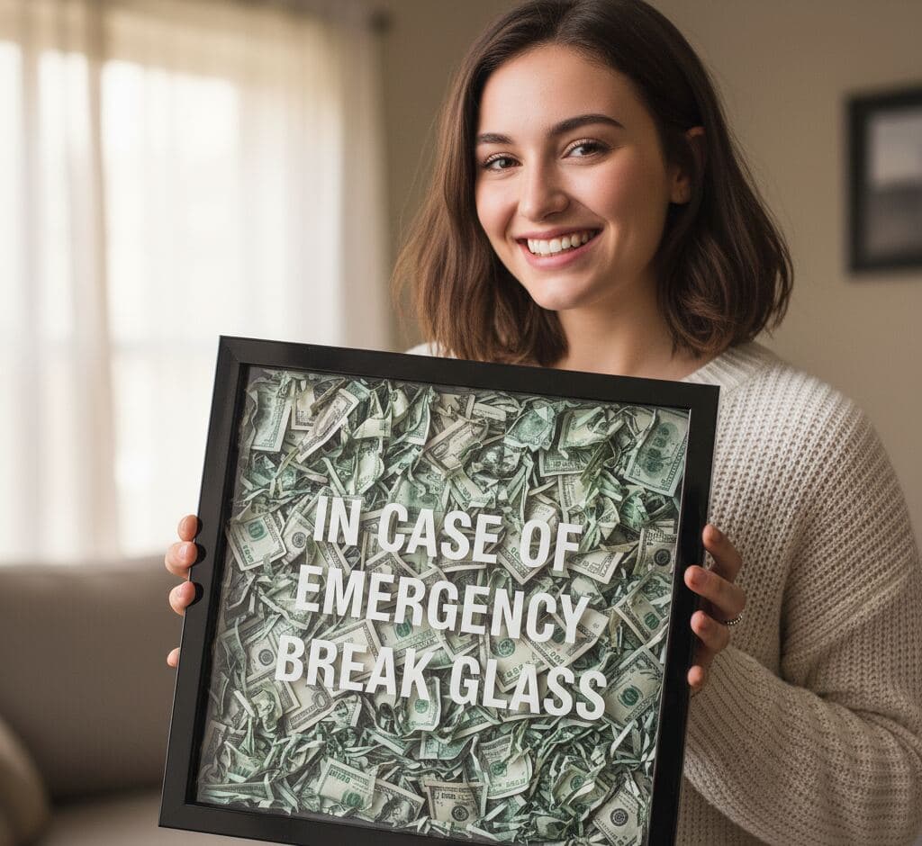 Woman holding glossy black shadowbox frame displaying In Case of Emergency Break Glass novelty money gift with bills demonstrating creative shadow box picture frame for funny gift display unique home decor and conversation piece framing with modern black frame