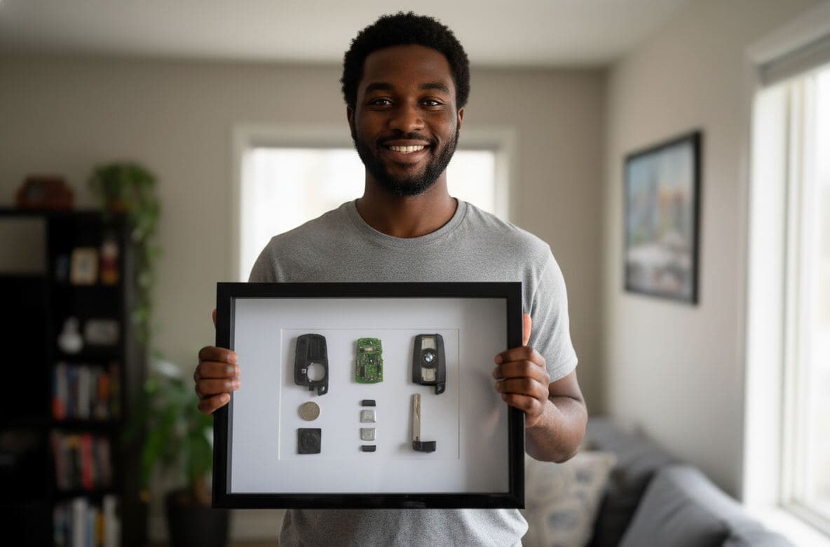Man holding glossy black deep shadowbox frame showcasing technology collection with vintage car keys circuit board and gadgets demonstrating custom shadow box for tech memorabilia gadget display and dimensional collectible framing in modern home setting