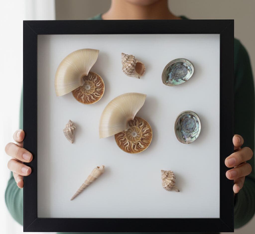 Person holding glossy black shadowbox frame displaying natural history collection with nautilus fossils seashells and ocean specimens demonstrating museum-quality shadow box for coastal treasures beach collectibles and nature specimen display with professional picture framing