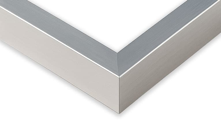 Stainless Steel S Shadowbox corner detail showing precision mitered joint with brushed stainless finish 1 inch moulding width and 1.5 inch usable depth suited to professional collectible shadowbox displays