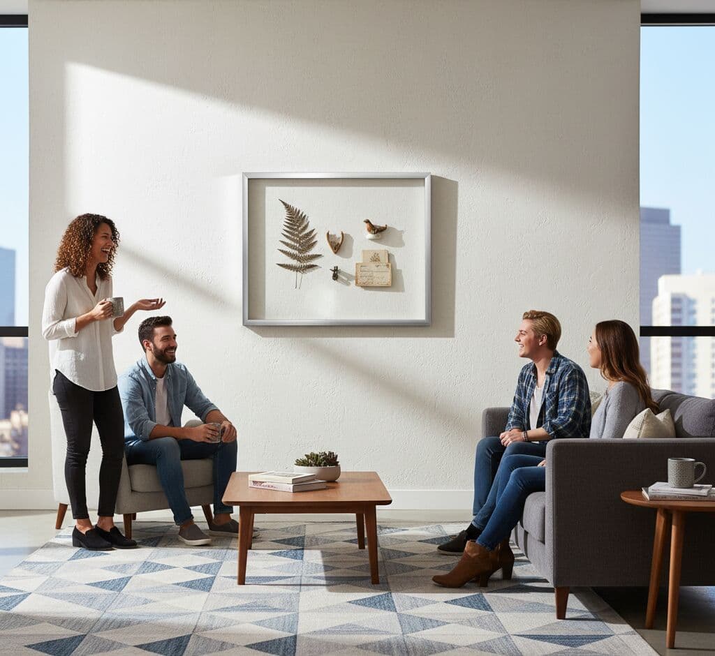 Brushed silver shadowbox frame displaying natural history collection with preserved fern specimen taxidermy bird antique journal and botanical elements in modern living room setting showcasing deep frame for dimensional artwork display