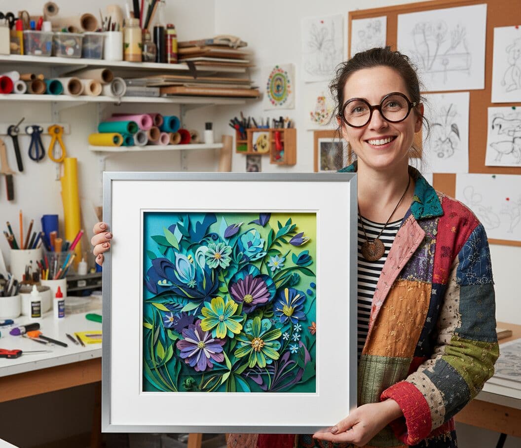 Stainless steel shadowbox frame showcasing colorful paper quilling art with dimensional floral design held by artist in creative studio demonstrating professional shadow box picture frame for 3D artwork and mixed media display