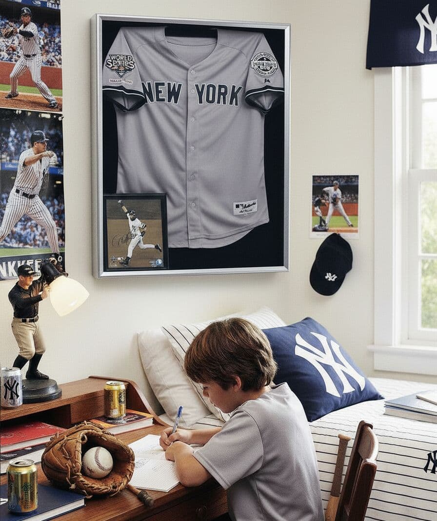 Brushed silver shadowbox frame preserving autographed New York Yankees baseball jersey with signed photo in bedroom sports memorabilia display demonstrating custom jersey frame for authenticated collectible and signed memorabilia protection