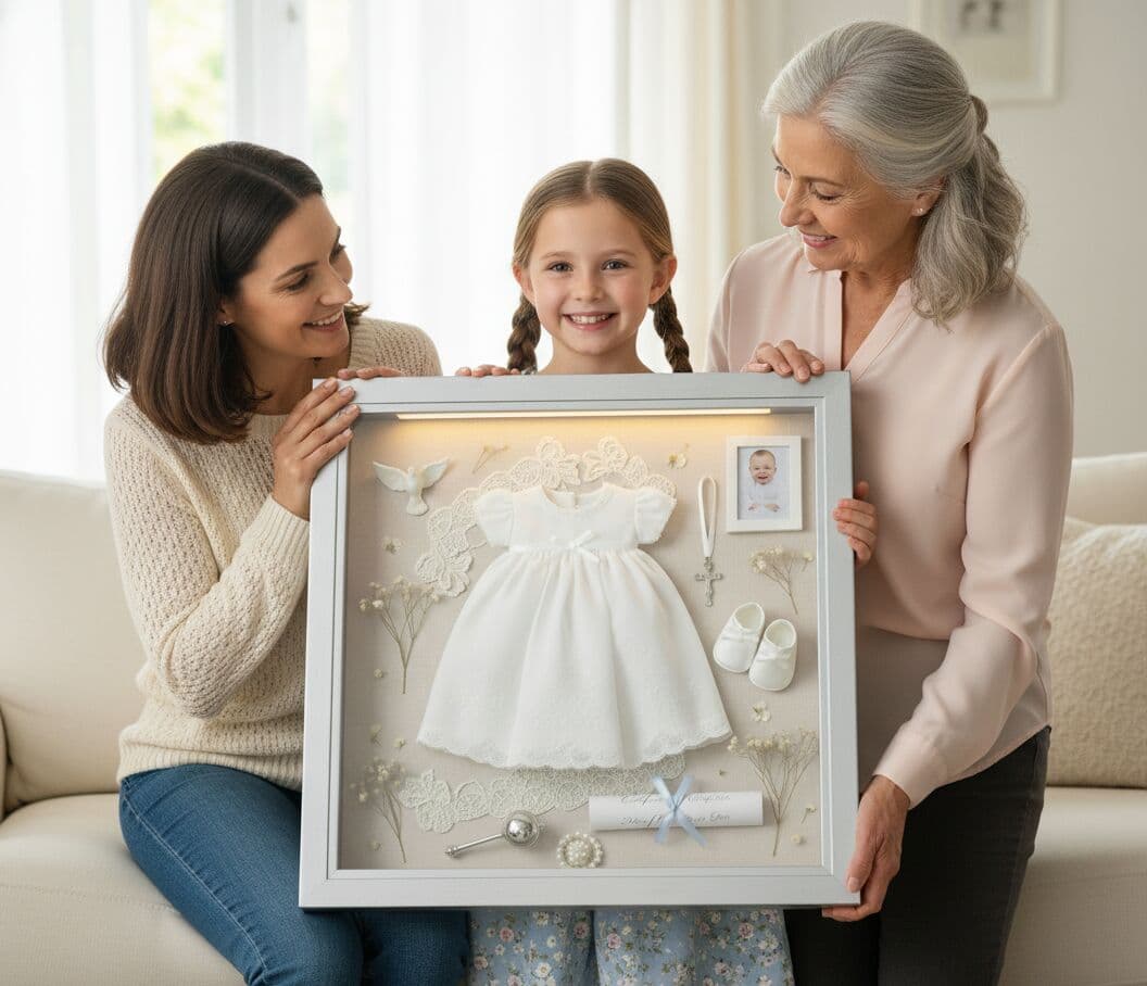 Brushed silver deep shadowbox frame displaying christening dress with baptism shoes bonnet photo and keepsakes held by three generations demonstrating heirloom preservation frame for baby memorabilia and family keepsake display