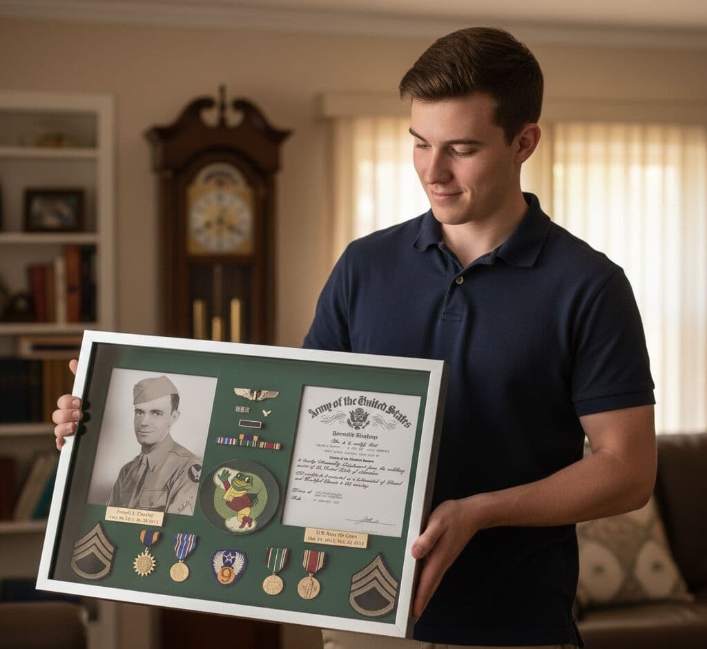 Brushed silver shadowbox frame preserving WWII military memorabilia including vintage portrait medals patches Army Air Forces insignia and discharge certificate demonstrating military shadow box for veteran honors and historical artifact display