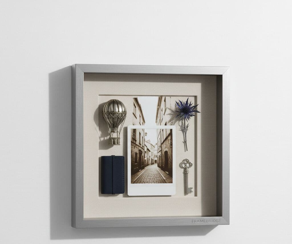 Stainless steel deep shadowbox frame displaying travel memories with vintage photo miniature hot air balloon pressed flower antique key and journal on textured background showcasing memory box frame for keepsakes and souvenirs