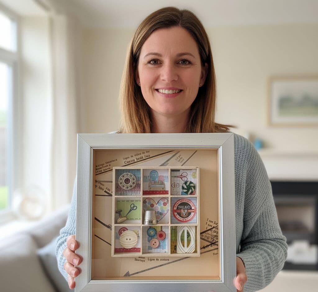 Brushed silver shadowbox frame preserving vintage sewing notions including wooden spools buttons scissors measuring tape and fabric samples demonstrating craft memory frame for hobby collectibles and vintage sewing room decor