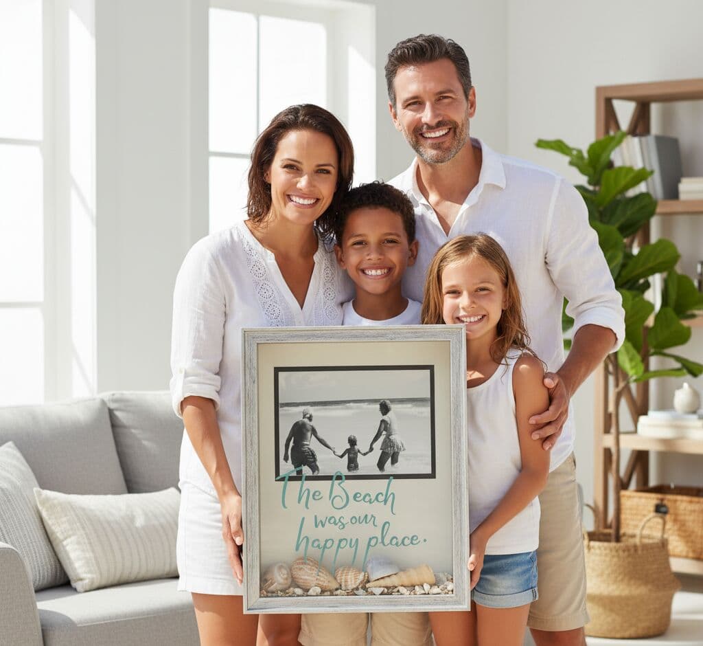 Custom shadowbox picture frame displaying family beach vacation memory with photo seashells starfish and The Beach was our happy place quote held by multigenerational family demonstrating personalized shadow box for coastal keepsakes