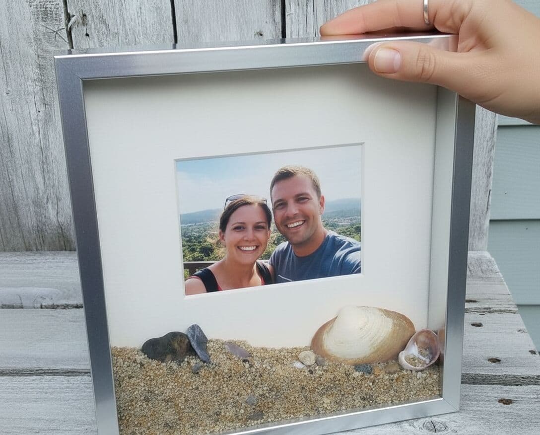 Brushed silver deep shadowbox frame preserving beach vacation memory with couple photo natural sand seashells and ocean treasures on rustic wood background demonstrating coastal memory frame for travel keepsakes and beach collectibles