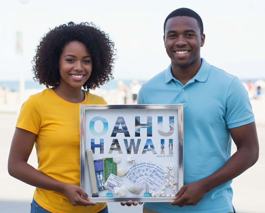 Stainless steel shadowbox frame displaying Oahu Hawaii travel memories with ticket stubs lei sand dollars seashells and destination lettering held at beach demonstrating vacation shadow box for tropical souvenirs and travel mementos