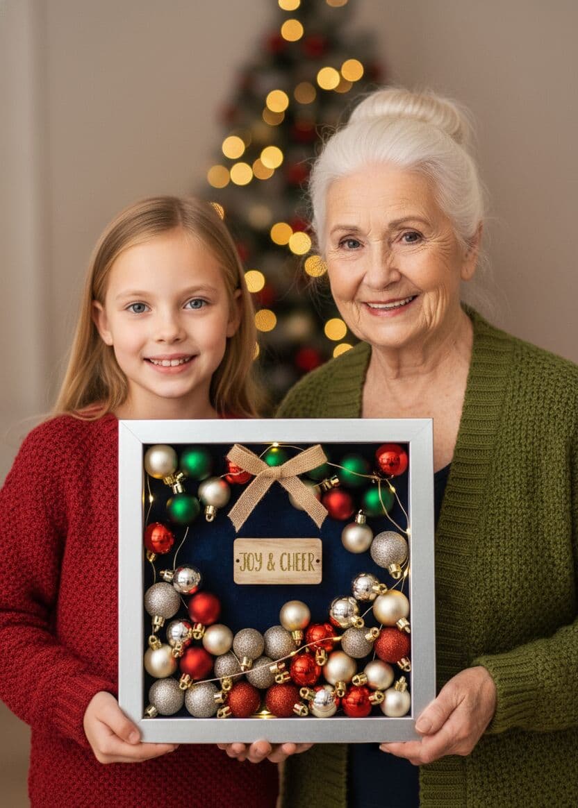 Brushed silver shadowbox frame showcasing holiday ornament wreath with Joy and Cheer plaque gold silver red Christmas baubles and burlap bow held by grandmother and granddaughter demonstrating festive keepsake frame for seasonal decor