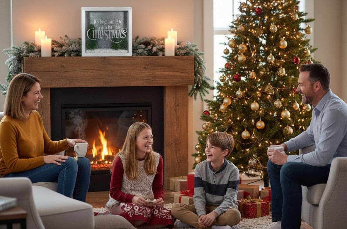 Custom shadowbox picture frame displaying Christmas countdown message on fireplace mantel with family gathering evergreen garland and decorated tree demonstrating holiday shadow box for seasonal home decor and festive wall art