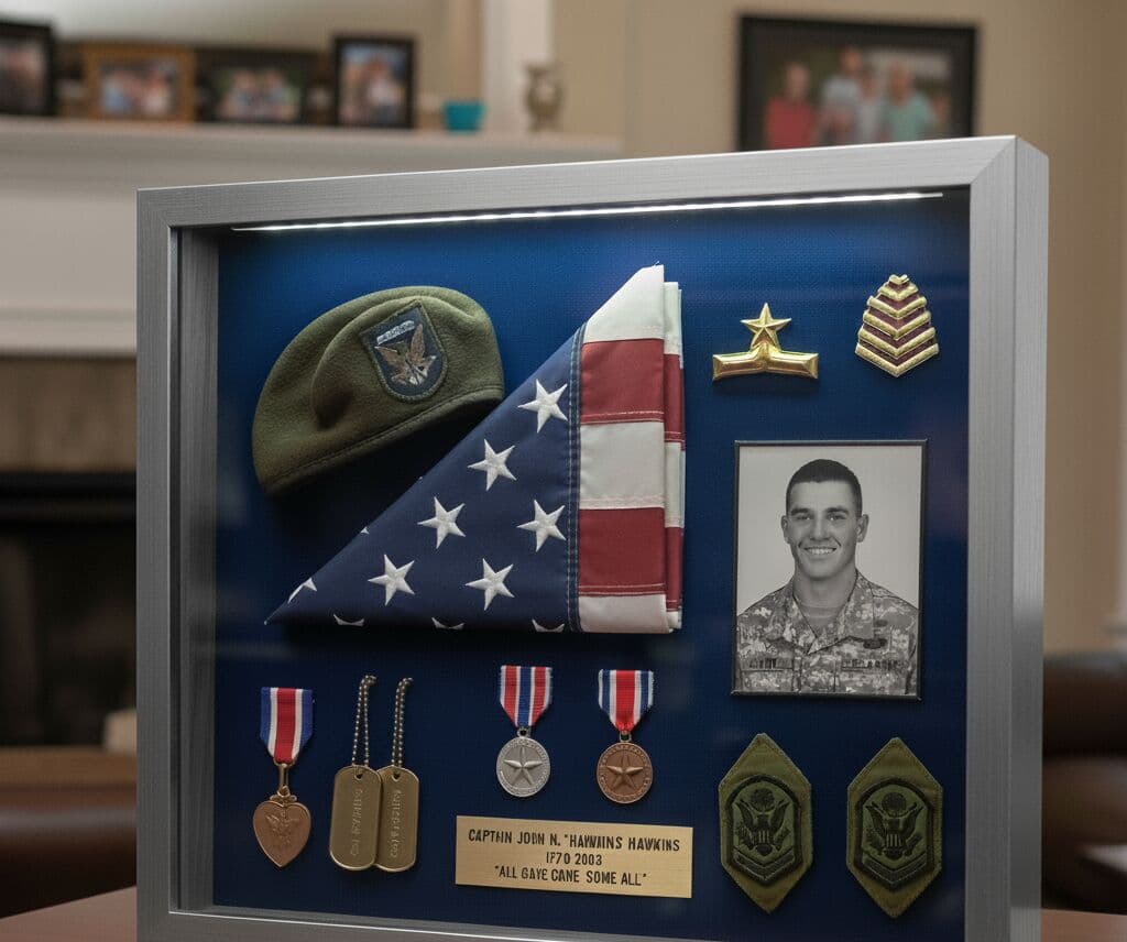 Brushed silver deep shadowbox frame preserving military service memorabilia including folded American flag beret medals dog tags photo and engraved plaque honoring Captain demonstrating military honor box for veteran tribute and patriotic display