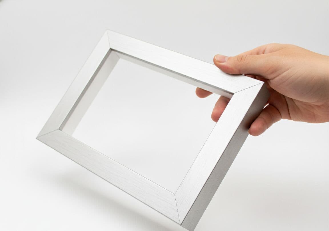 Empty brushed silver shadowbox frame held in hand showing 1.5 inch depth dimension and quality construction demonstrating deep picture frame capacity for dimensional artwork collectibles and 3D object display with professional craftsmanship