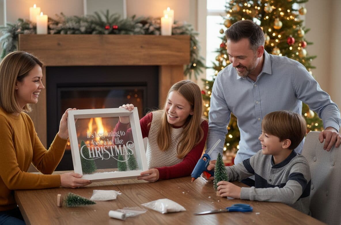 Family DIY craft project creating custom Christmas shadowbox frame with Its beginning to look a lot like CHRISTMAS message miniature trees and artificial snow demonstrating holiday shadow box craft for seasonal home decor and festive keepsake display
