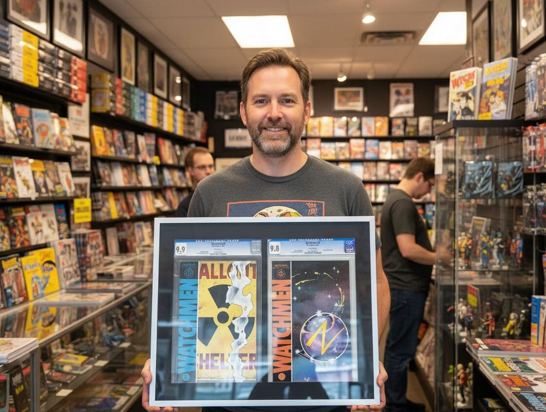 Comic collector in retail shop holding brushed silver shadowbox frame displaying two CGC graded Watchmen comics with professional presentation demonstrating collectible picture frame for valuable comic book protection and comic shop display