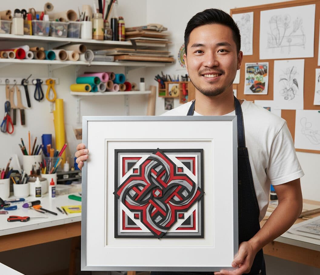 Artist in creative studio holding brushed silver shadowbox frame with white mat board showcasing dimensional geometric paper cut art in red black and gray demonstrating deep frame for layered artwork paper sculpture and contemporary craft display