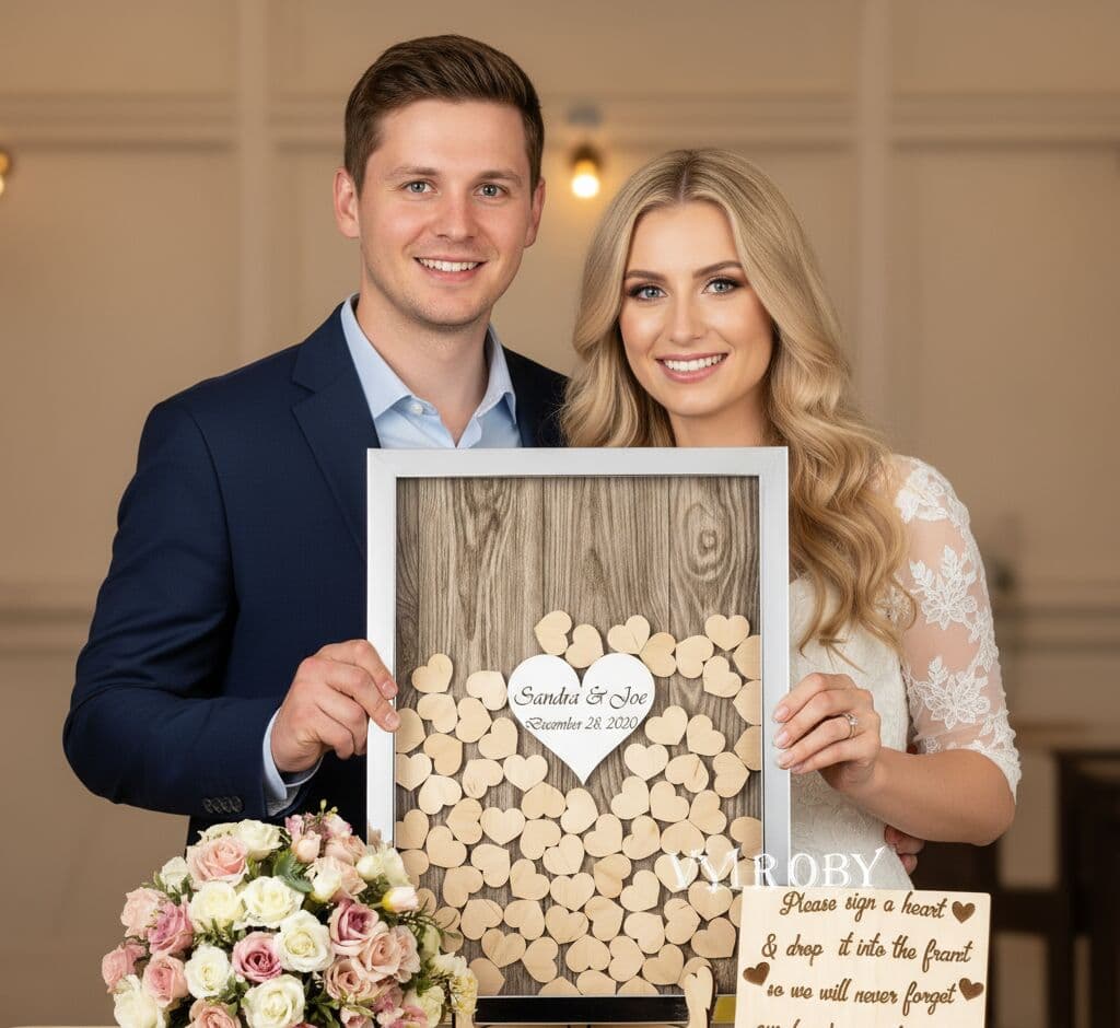 Wedding couple holding custom shadowbox guest book frame with wooden heart signatures on rustic background and personalized names and date demonstrating wedding keepsake shadow box for reception guestbook alternative and marriage memorabilia display
