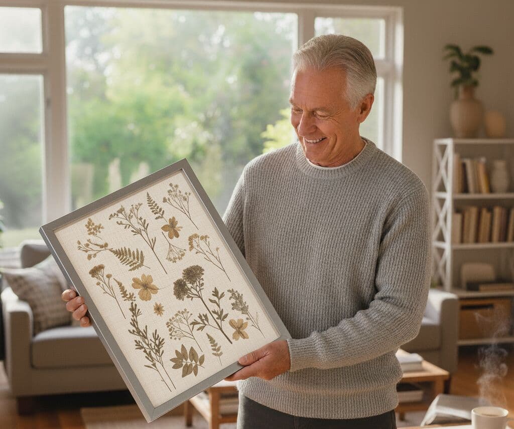Man in bright home setting holding brushed silver shadowbox frame preserving pressed flower botanical collection with multiple wildflower specimens arranged on linen background demonstrating botanical specimen frame for herbarium display and nature preservation
