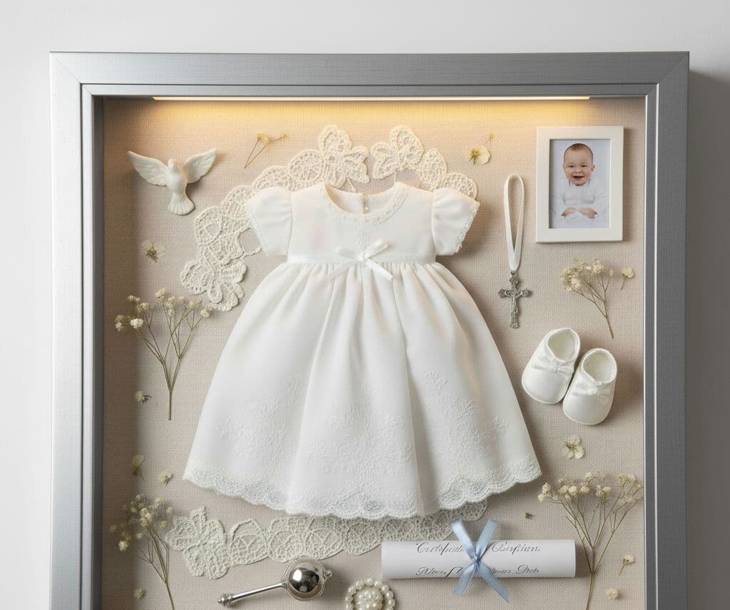 Close-up overhead view brushed silver shadowbox frame displaying christening dress with baptism keepsakes including white shoes bonnet lace collar baby photo dried flowers and silver rattle on champagne linen demonstrating baptism memory box for heirloom preservation