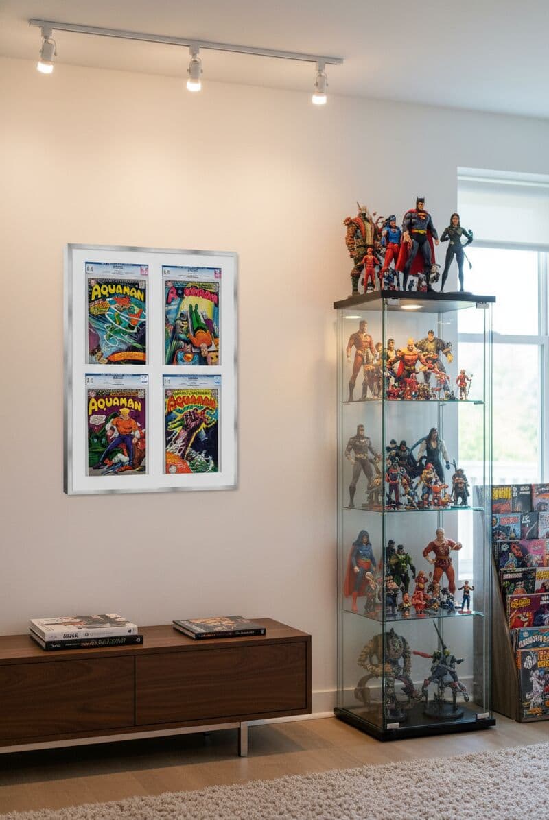 Brushed silver shadowbox frame displaying four CGC graded vintage Aquaman comic books in modern collector room with action figure display cabinet showing professional comic book framing for valuable collectible protection and geek culture home decor