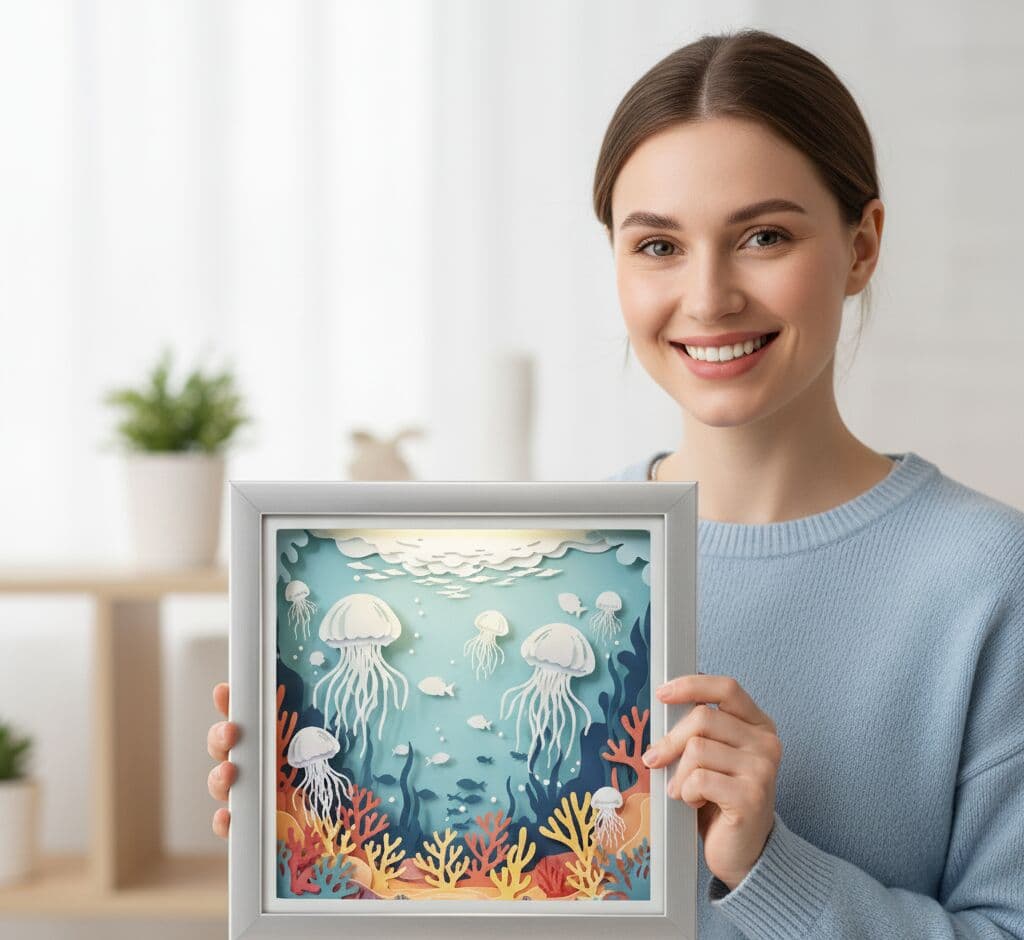 Woman holding brushed silver shadowbox frame showcasing dimensional ocean scene paper cut art with layered jellyfish coral reef and marine life in aqua turquoise and coral colors demonstrating deep picture frame for paper sculpture shadow art and layered artwork display