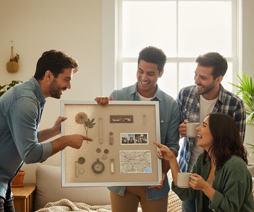 Friends gathering around brushed silver shadowbox frame displaying travel adventure memory collection with vintage compass dried flowers photos map coordinates and keepsakes on burlap demonstrating memory shadow box for wanderlust keepsakes and travel souvenir display
