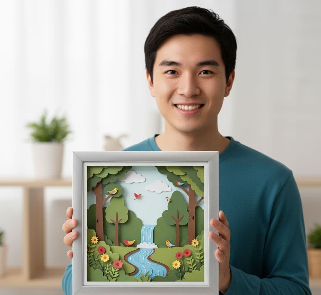 Man holding brushed silver shadowbox frame showcasing dimensional nature scene paper cut art with layered forest waterfall birds trees and flowers in green blue and earth tones demonstrating deep frame for paper diorama shadow art and dimensional craft display