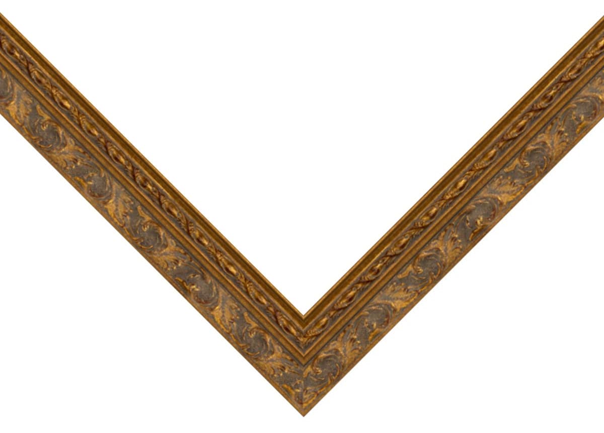 Antique Gold Frame corner detail showing wide ornate profile with elaborate scrollwork and floral vine patterns in rich 2 inch design