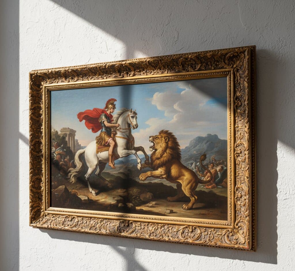 Ornate antique gold picture frame with elaborate baroque scrollwork displaying classical oil painting in elegant interior setting showcasing wide 2 inch moulding with rich gold finish and floral vine patterns a natural fit for fine art and traditional portraits